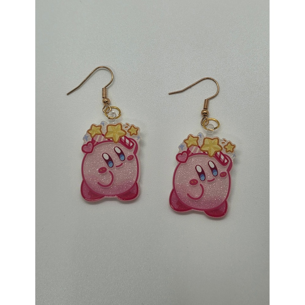 Handmade Kirby Glitter Acrylic Drop Earrings Kawaii Star Crown Pink Jewelry